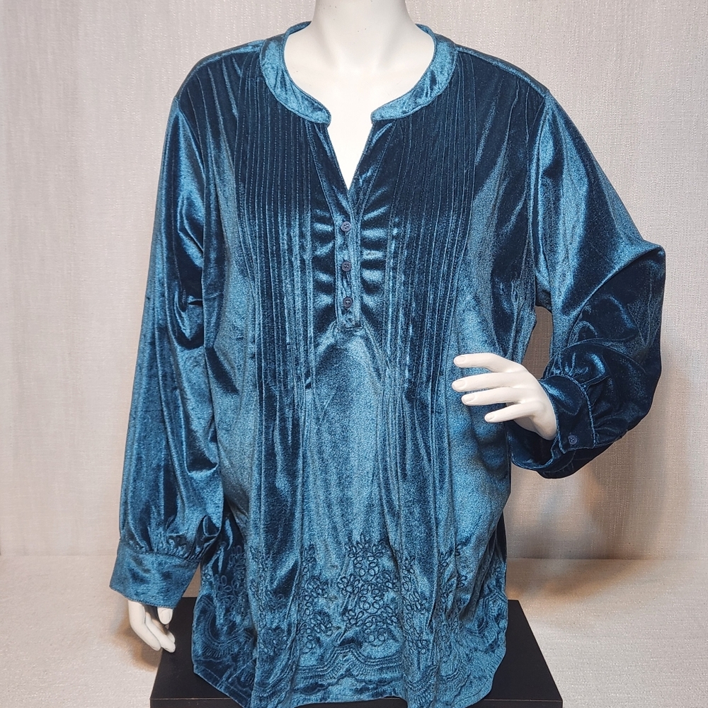 Salon Studio Velour Teal Pullover Blouse Long Sleeve Plus Size 3X